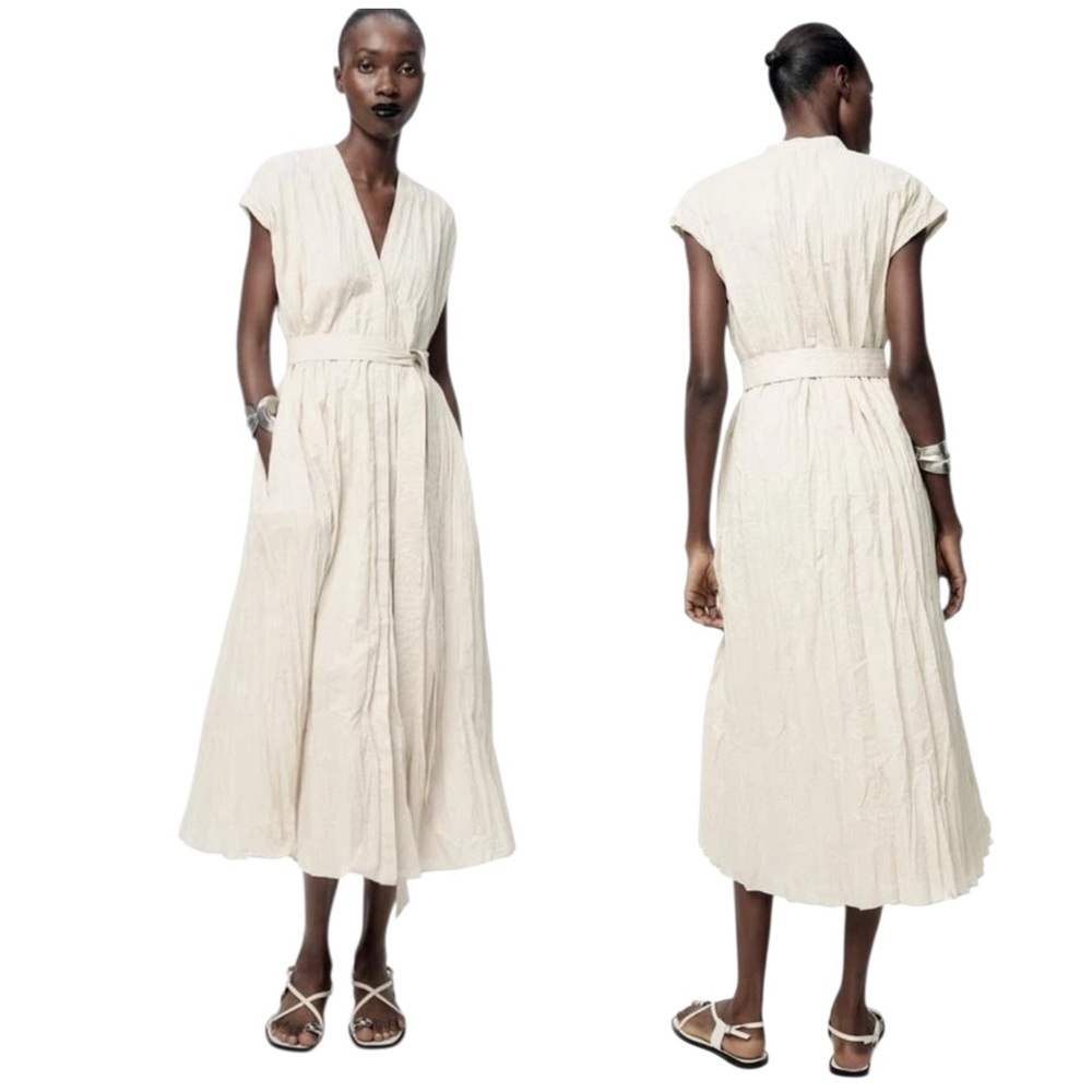 Zara Cream Pleated Midi Sundress with V-Neck